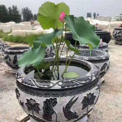石雕荷花鱼缸花盆圆形青石庭院仿古石槽博鱼网页版