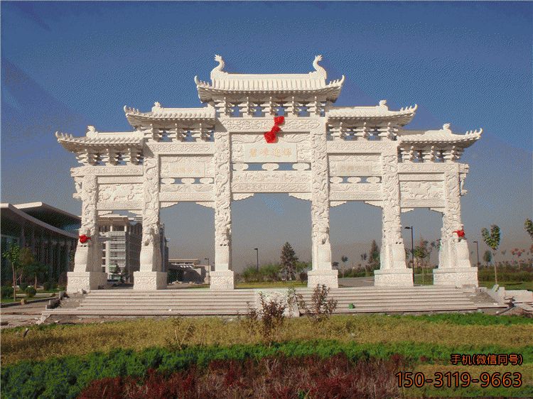 汉白玉五门牌坊_公园三间四柱牌楼