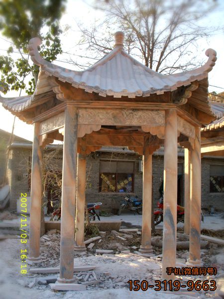 晚霞红六角凉亭_厂家直供石亭子博鱼网页版