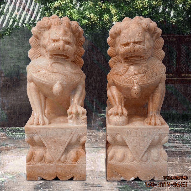 石雕狮子一对_别墅门口镇宅招财晚霞红石狮子