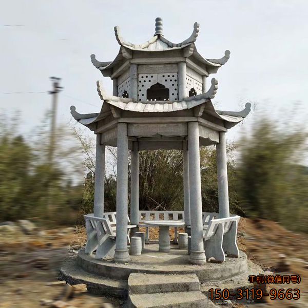 双层石凉亭_公园园林大理石亭子