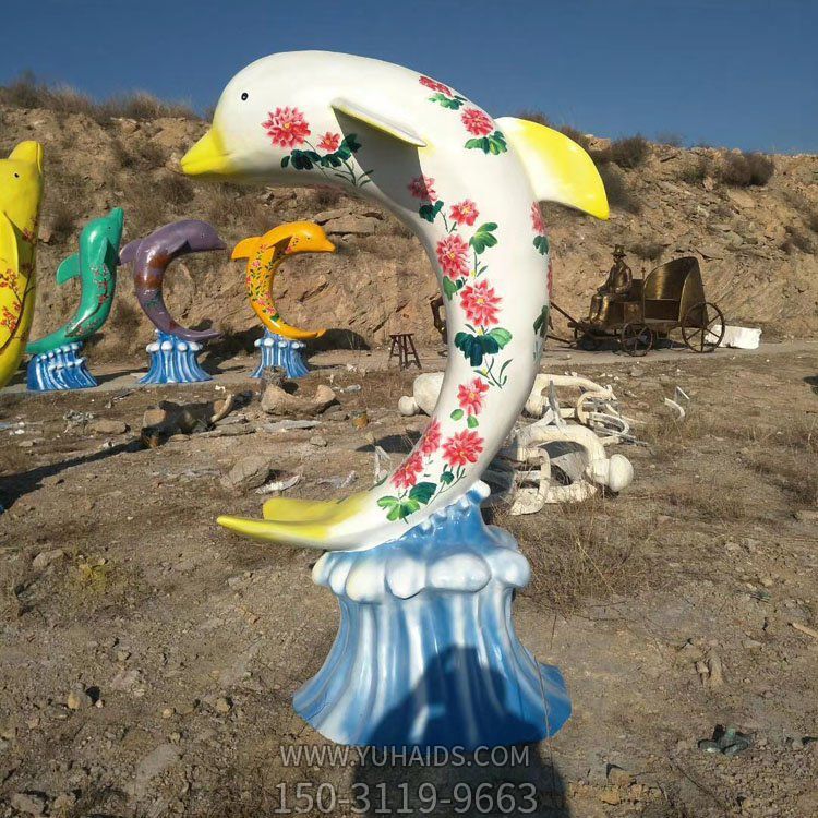 玻璃钢彩绘海豚，彩色印花海豚博鱼网页版摆件