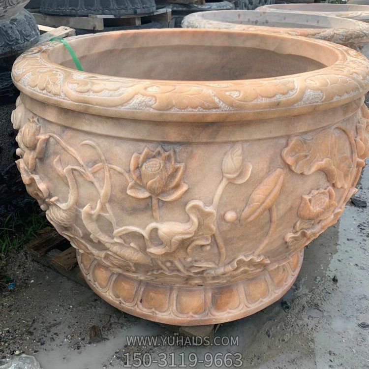 天然石材晚霞红浮雕荷花鲤鱼圆形水缸庭院摆件博鱼网页版