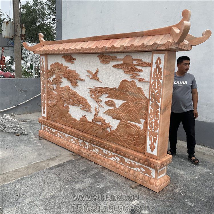 石雕影壁墙晚霞红浮雕墙 屏风别墅庭院影背墙石浮雕壁画照壁博鱼网页版