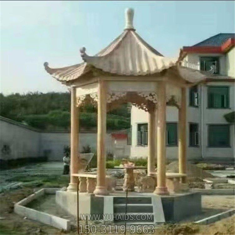 别墅家用石雕晚霞红中式六角休闲凉亭博鱼网页版