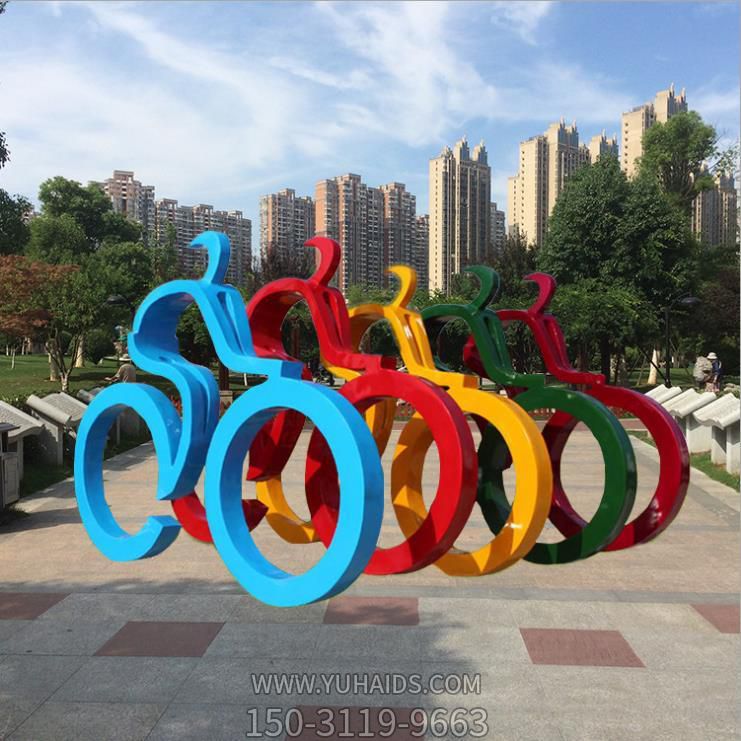 不锈钢几何彩绘户外远动骑自车的抽象人物景观博鱼网页版