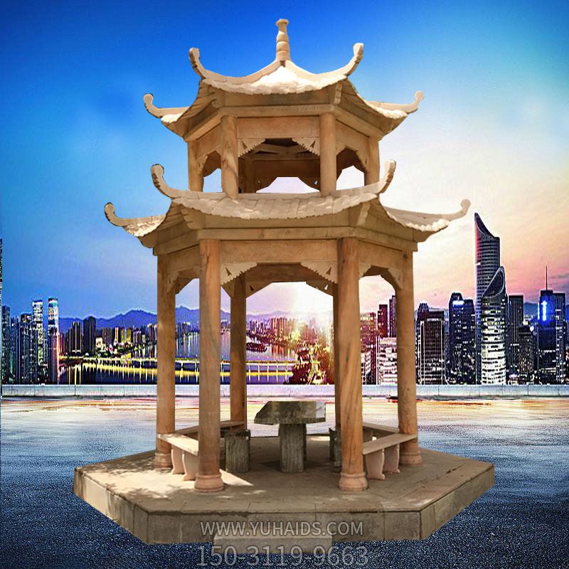 花园广场摆放双层晚霞红多角休息凉亭石雕博鱼网页版