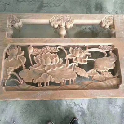 天然石材晚霞红浮雕荷花仿古栏板景区装饰摆件