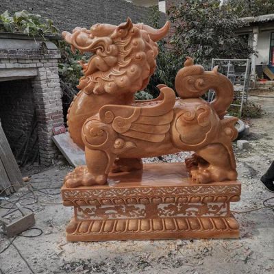 企业公司门口摆放招财镇宅天然晚霞红雕刻麒麟门墩博鱼网页版