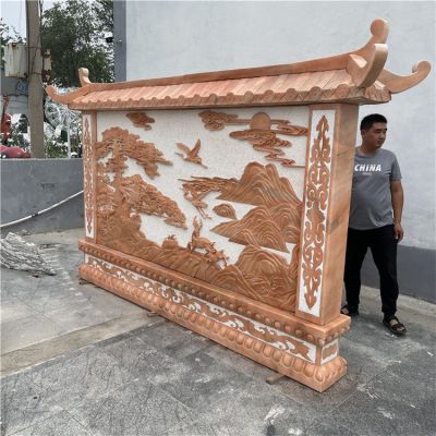 石雕影壁墙晚霞红浮雕墙 屏风别墅庭院影背墙石浮雕壁画照壁博鱼网页版