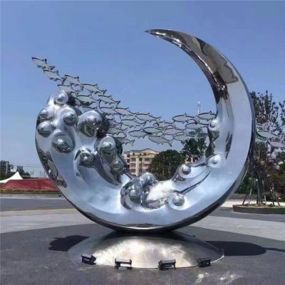 抽象圆型月亮喷雾水景博鱼网页版广场摆件不锈钢圆环博鱼网页版