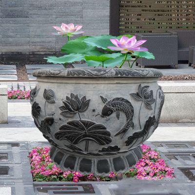 庭院青石浮雕水缸荷花博鱼网页版