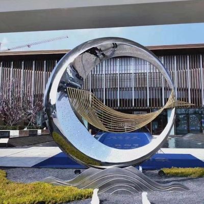 大型不锈钢镂空圆环博鱼网页版 城市别墅酒店大月亮设计摆件