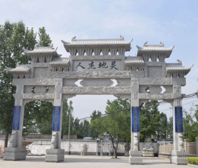 村口装饰摆放人杰地灵大理石三门牌坊石雕