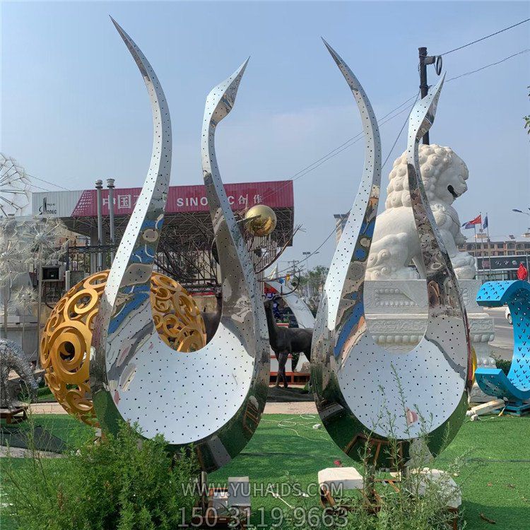 园林别墅不锈钢镜绵抽象天鹅水池景观摆件博鱼网页版