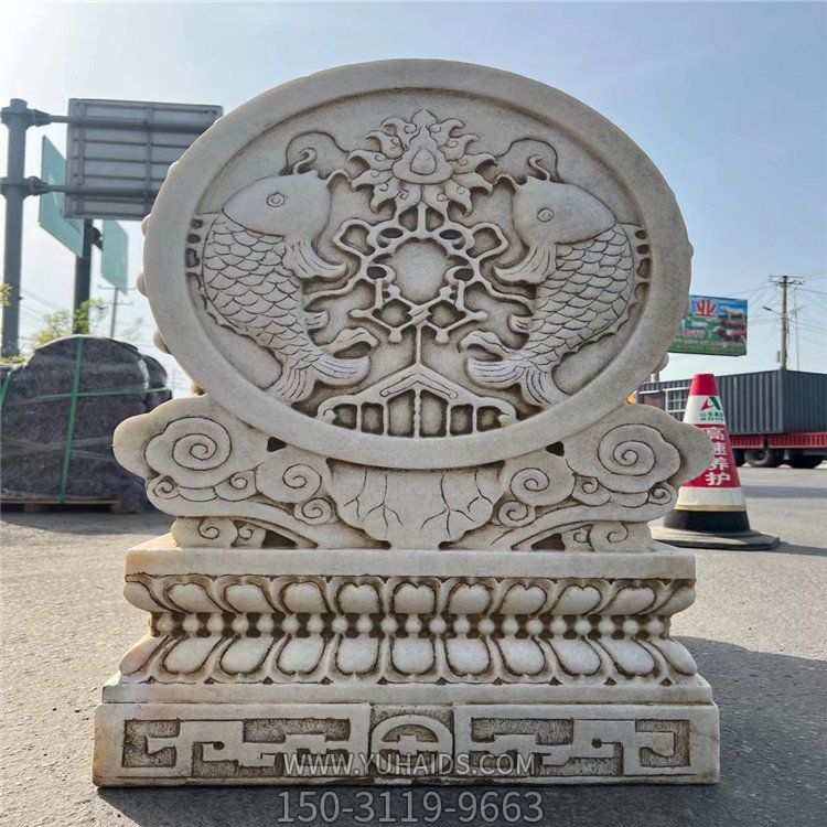 大理石做旧浮雕鲤鱼花纹吉祥抱鼓石摆件博鱼网页版