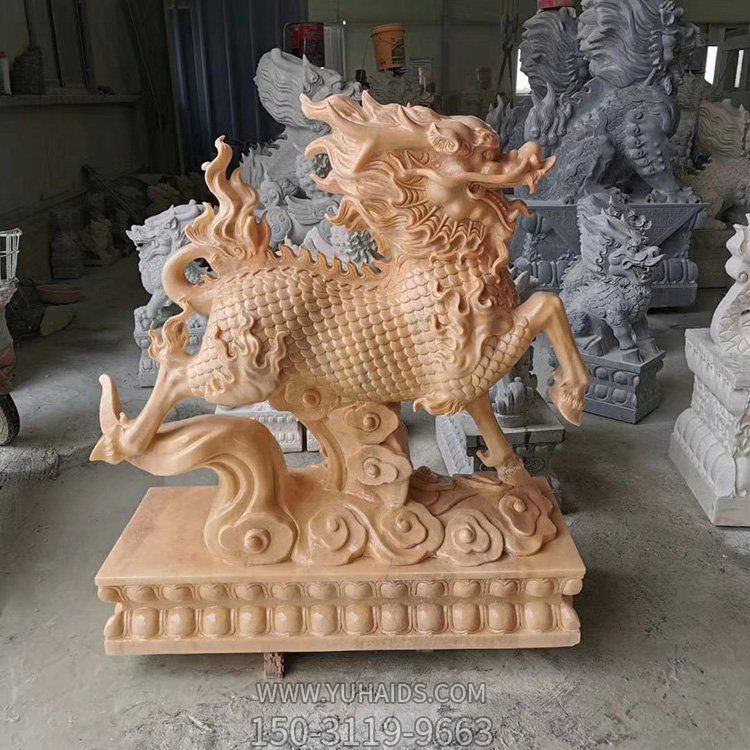 晚霞红大理石雕刻麒麟博鱼网页版 园林景点摆件