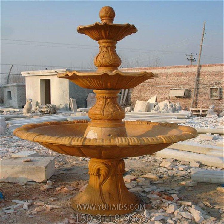 黄锈石雕刻三层流水喷泉水钵 企业庭院摆件博鱼网页版