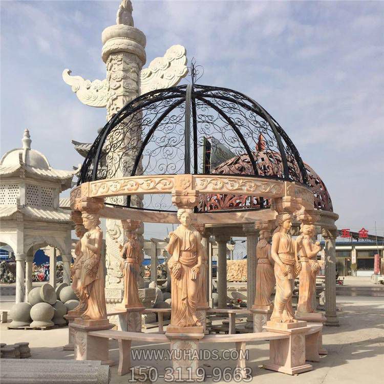 别墅花园装饰晚霞红浮雕西方仕女石柱铁艺镂空圆顶石凉亭博鱼网页版