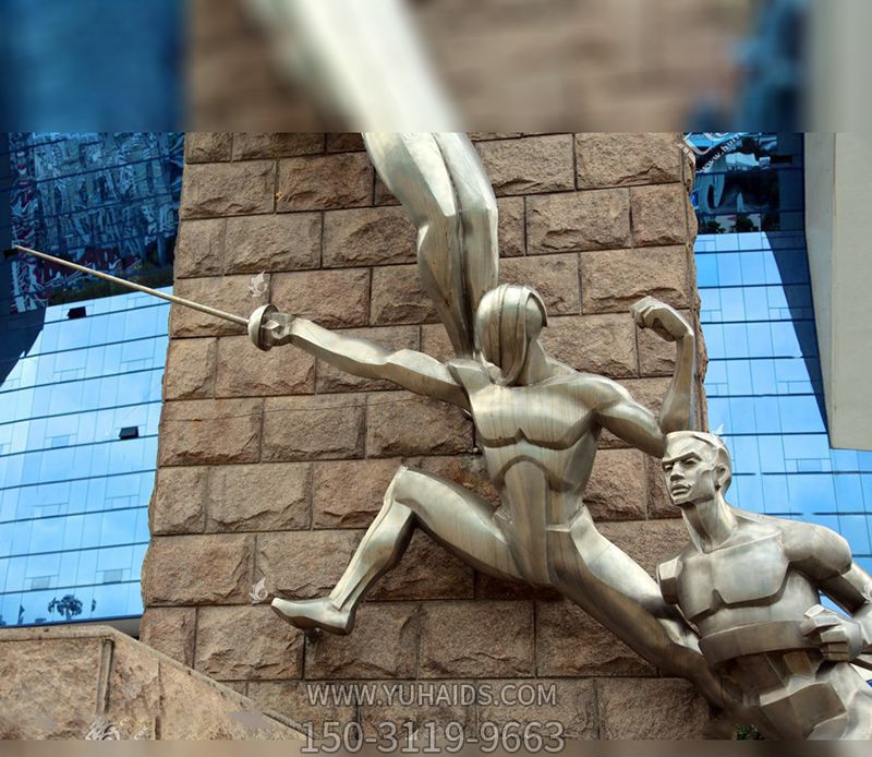 步行街边摆放镜面不锈钢人物击剑博鱼网页版