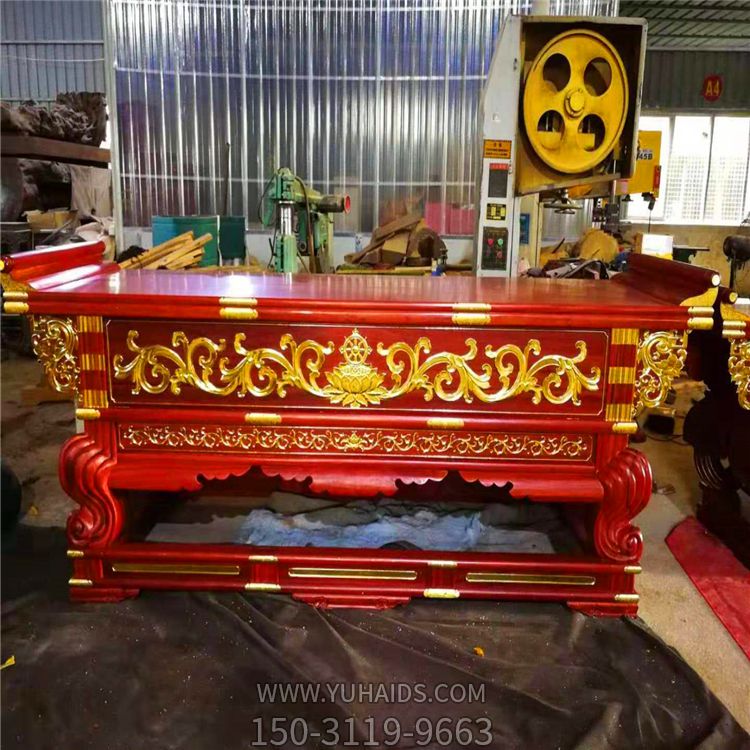 寺庙大殿元宝桌定做彩绘漆金花纹木雕供桌博鱼网页版