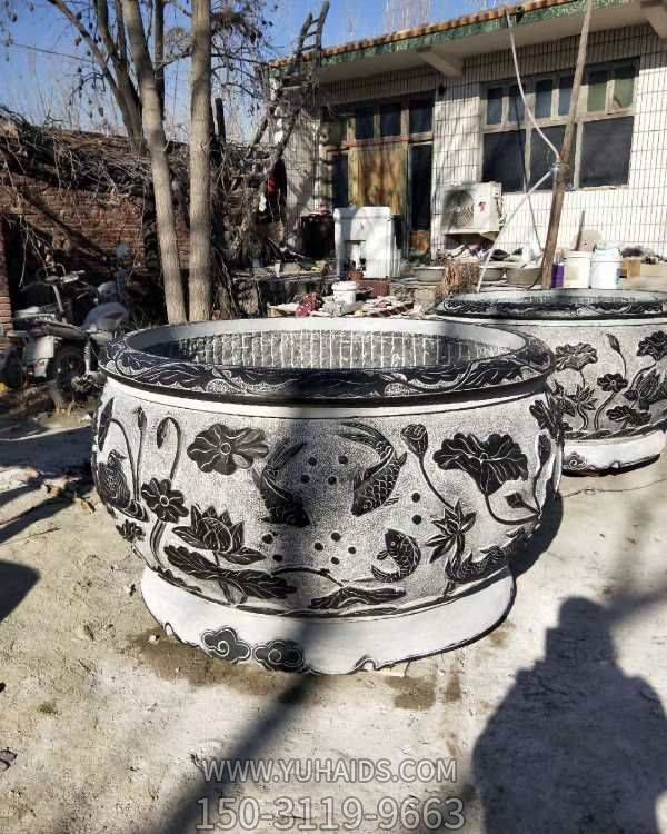 别墅庭院摆放天然石材青石浮雕荷花鲤鱼水缸博鱼网页版