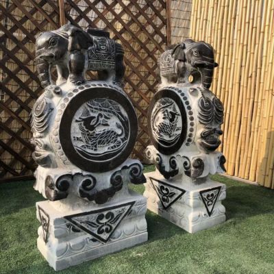 大理石雕刻小象做旧抱鼓石园林摆件