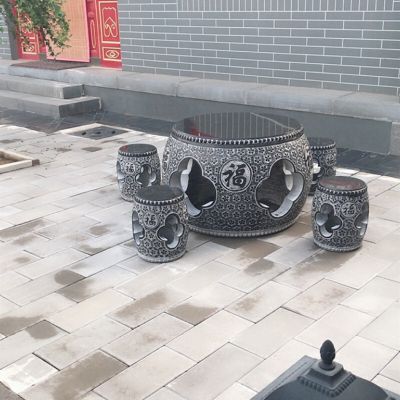 庭院家用鼓圆形浮雕祥云花纹休闲石桌博鱼网页版