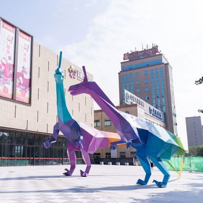 广场商场户外大型几何彩绘不锈钢恐龙