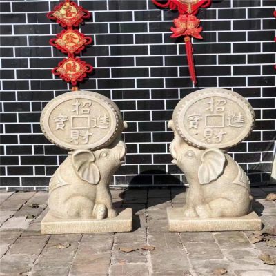 石雕招财进宝小象门墩园林抱鼓石摆件