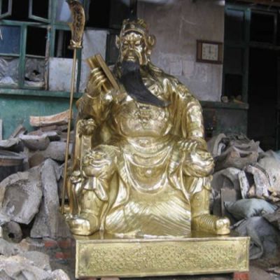 玻璃钢仿铜漆金关公坐姿看书寺庙供奉神像