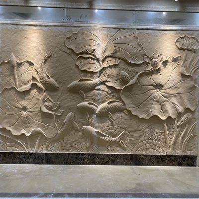 酒店室内装饰黄锈岩浮雕荷花鲤鱼壁画影壁
