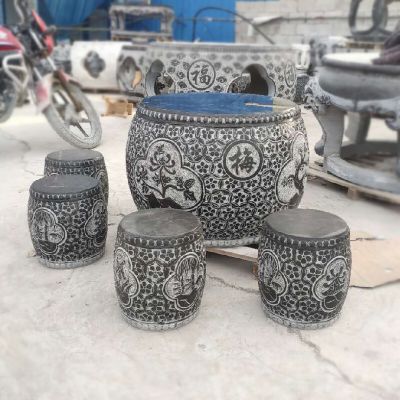 景区庭院摆放休息圆形浮雕梅兰菊竹花纹石桌石凳