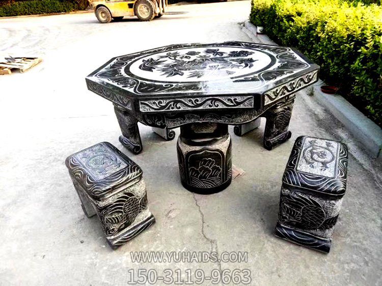 大理石黑雕刻花纹 八角石桌石凳别墅园林摆件 博鱼网页版