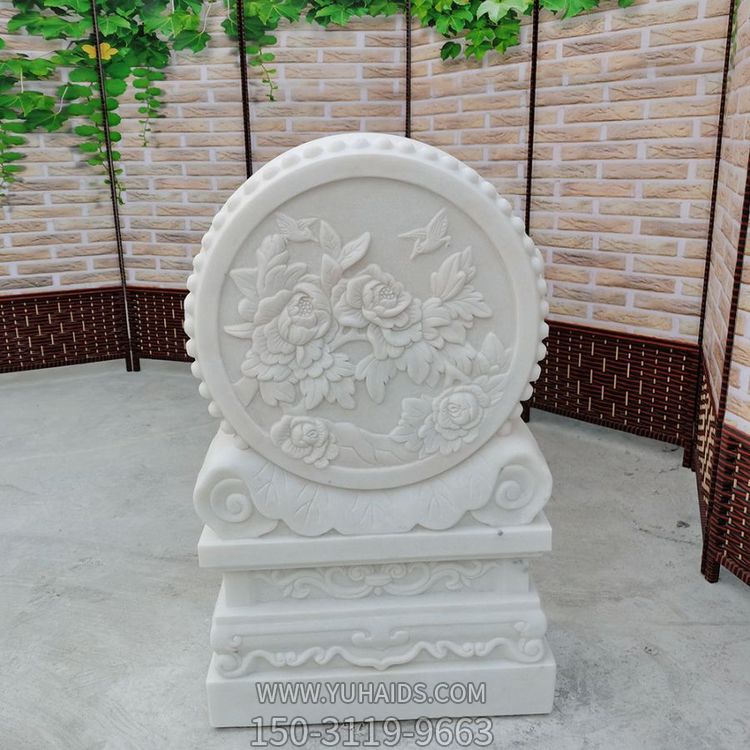 天然汉白玉石雕抱鼓石浮雕花开富贵中式门墩博鱼网页版