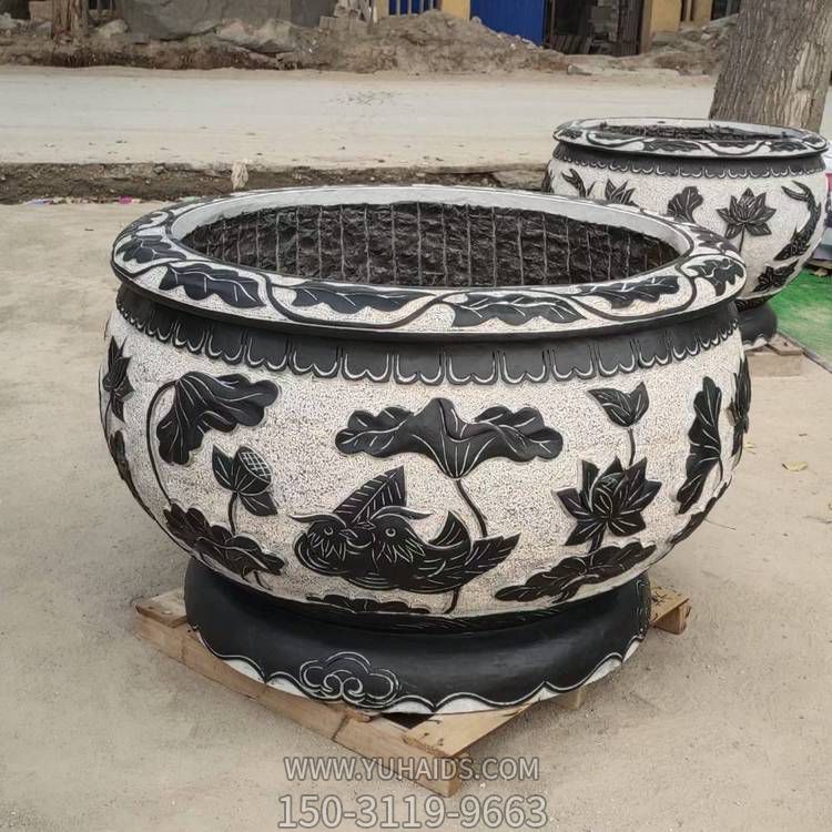 石雕仿古青石荷花鱼缸庭院养鱼中式天然石头圆形水缸博鱼网页版