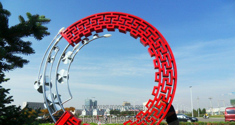 城市花园广场红色剪影不锈钢花环博鱼网页版