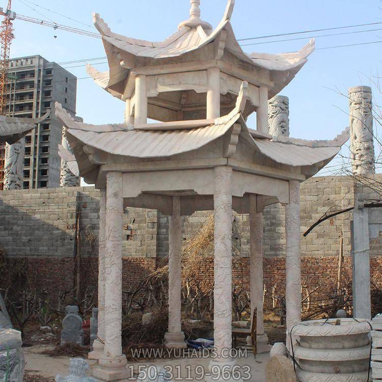 大理石晚霞红浮雕二层中式石凉亭别墅庭院造景摆件博鱼网页版