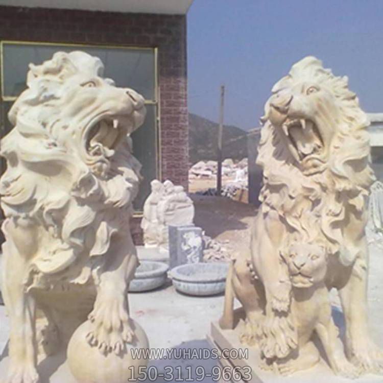 晚霞红石雕石狮子一对看门镇宅公司别墅摆件博鱼网页版