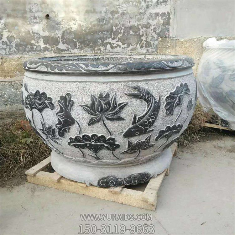  圆形仿古流水浮雕荷花石雕鱼缸摆件博鱼网页版
