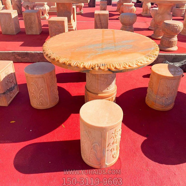 庭院摆放大理石晚霞红浮雕圆形石桌石凳博鱼网页版