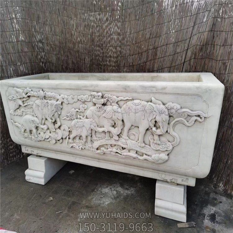 老石器浮雕花纹青石长形水槽组合庭院室外摆件博鱼网页版