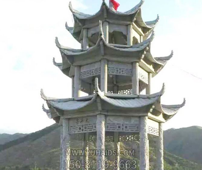 山顶寺院户外摆放多层顶砂岩雕刻休闲凉亭博鱼网页版