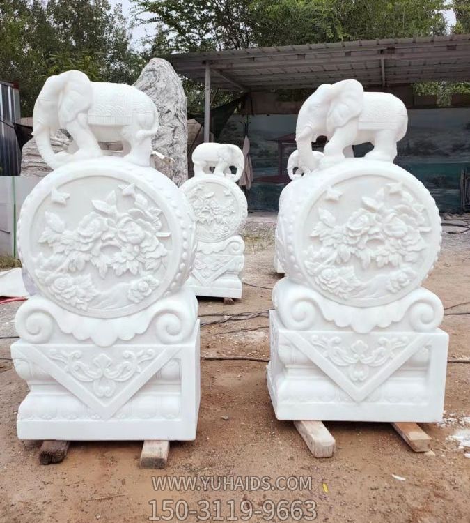 汉白玉石雕庭院门口大型门墩大象抱鼓石博鱼网页版