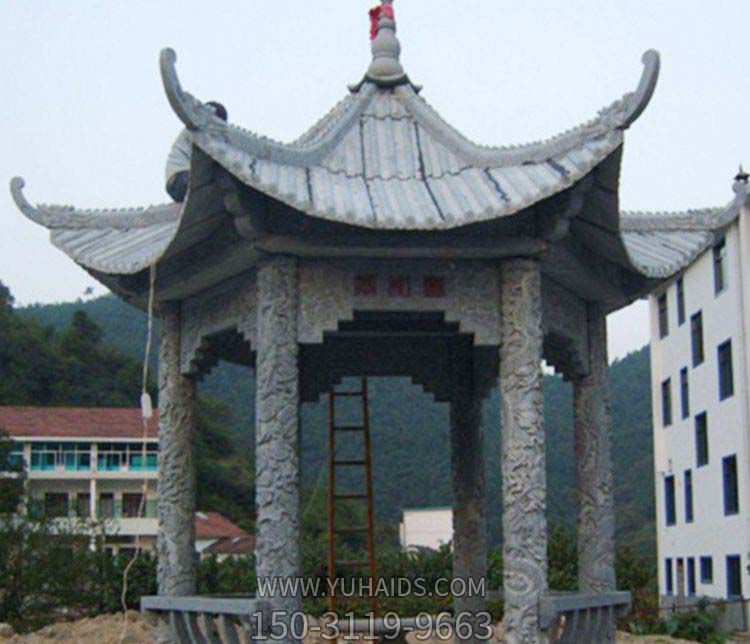学校六角仿古建六柱雕刻龙纹靠背座椅青石休闲凉亭博鱼网页版