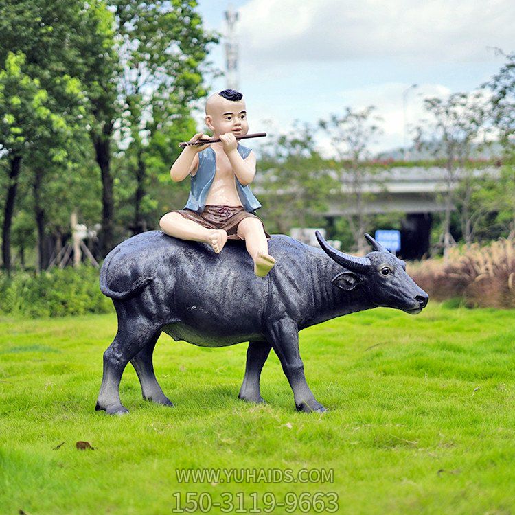 玻璃钢牧童吹笛坐  水牛 田园草坪装摆件小品博鱼网页版