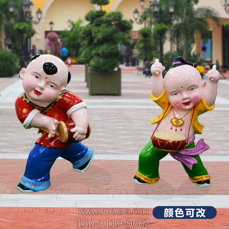 商业街摆放玻璃钢卡通敲鼓福娃新年主题博鱼网页版 