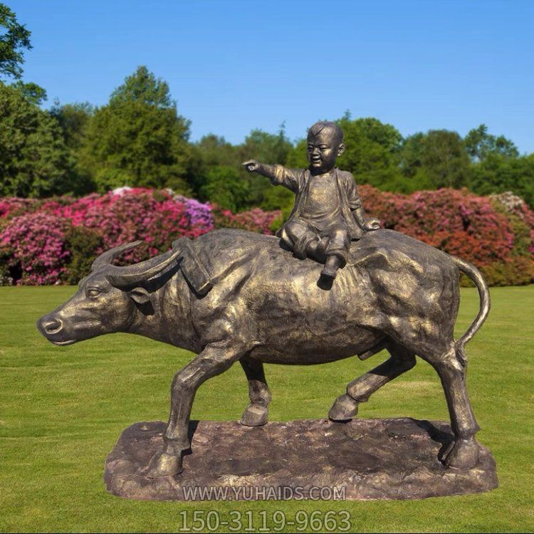 园林草地摆放玻璃钢仿铜牧童骑牛博鱼网页版民俗小品