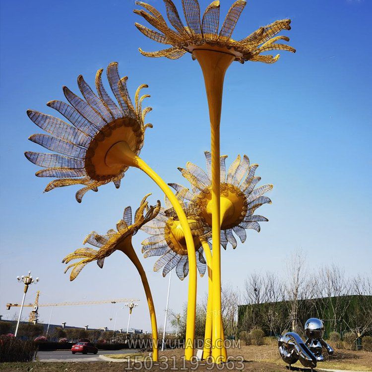 不锈钢喷漆镜面电镀向日葵花博鱼网页版 城市广场园林草坪景观摆件