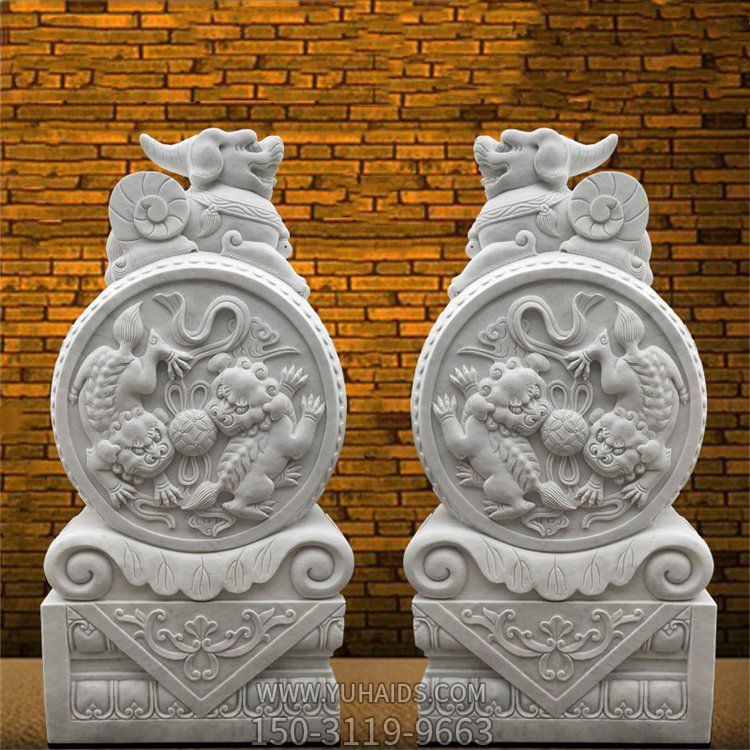 中式庭院摆放汉白玉石雕小狮子抱鼓石门墩博鱼网页版
